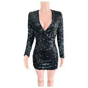 Venus Black Long Sleeve Sequin Mini Bodycon Dress Size XS